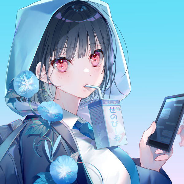 Anime picture 1250x1250 with original miwano rag single looking at viewer blush fringe short hair black hair simple background red eyes holding upper body blunt bangs drinking bob cut girl flower (flowers) necktie hood mobile phone