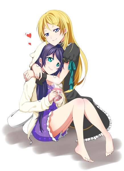 Anime picture 1200x1650 with love live! school idol project sunrise (studio) love live! toujou nozomi ayase eli m-1ng long hair tall image blue eyes blonde hair multiple girls purple hair barefoot light smile bare legs transparent background girl dress 2 girls heart