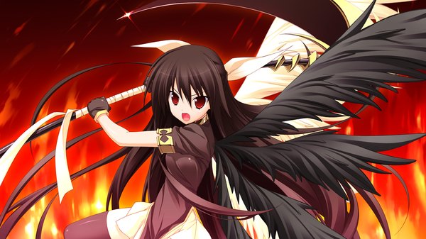 Anime picture 1280x720 with tiny dungeon (game) rosebleu vell sein black hair red eyes wide image game cg girl weapon wings scythe