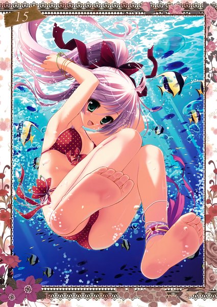 Anime picture 2482x3500 with prismatic world (artbook) shiramori yuse single long hair tall image looking at viewer highres open mouth blue eyes light erotic purple hair ponytail scan legs underwater girl flower (flowers) bow swimsuit hair bow