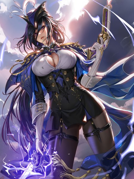 Anime picture 3000x4000 with genshin impact clorinde (genshin impact) liang xing single long hair tall image looking at viewer fringe highres breasts light erotic black hair hair between eyes large breasts standing purple eyes holding sky cleavage cloud (clouds)