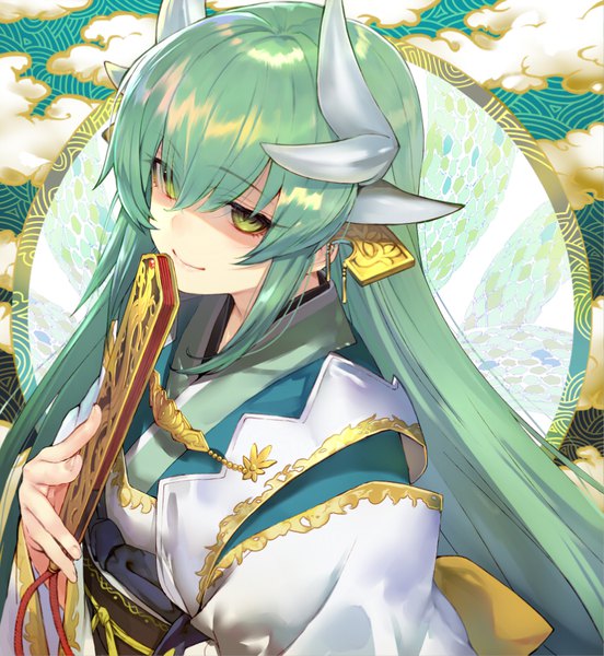 Anime picture 853x927 with fate (series) fate/grand order kiyohime (fate) shirabi single long hair tall image looking at viewer fringe smile hair between eyes holding green eyes payot cloud (clouds) upper body traditional clothes japanese clothes horn (horns) green hair