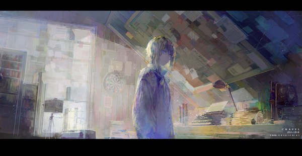 Anime picture 1300x673 with original fabri single looking at viewer short hair blue eyes blonde hair wide image yellow eyes indoors heterochromia girl bow ribbon (ribbons) window book (books) table ground vehicle paper lamp