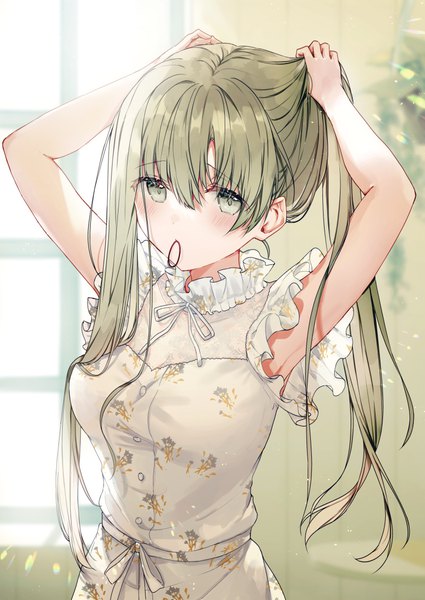 Anime picture 800x1130 with shiro seijo to kuro bokushi cecilia (shiro seijo to kuro bokushi) teigi single long hair tall image looking at viewer blush fringe hair between eyes standing holding green eyes upper body indoors green hair arms up mouth hold adjusting hair tying hair