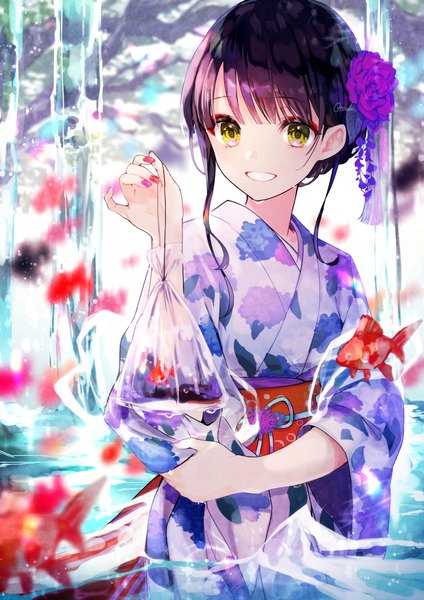 Anime picture 800x1131 with original otoufu (gotouhu) single long hair tall image black hair smile green eyes looking away upper body nail polish traditional clothes japanese clothes hair flower grin partially submerged floral print girl hair ornament flower (flowers)