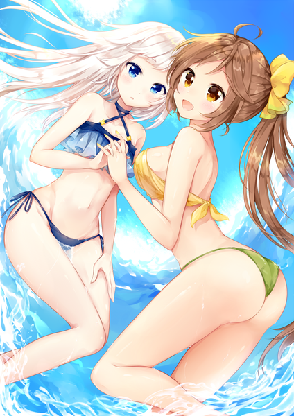Anime picture 1415x2000 with original fukunoki tokuwa long hair tall image blush open mouth blue eyes light erotic brown hair multiple girls brown eyes sky ahoge bent knee (knees) ass white hair ponytail :d :o holding hands