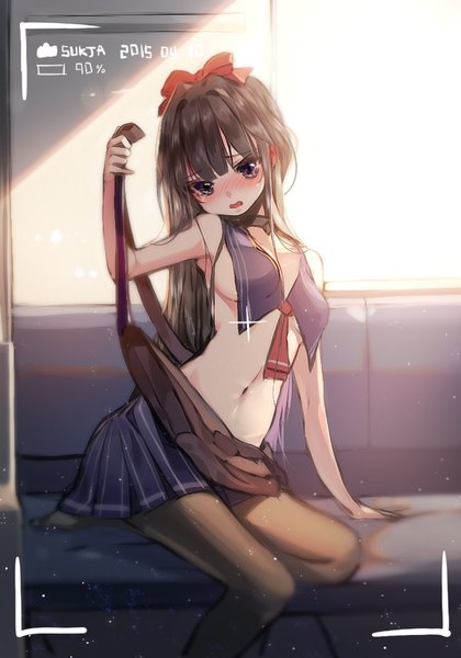 Anime picture 700x1000 with original sorolp single long hair tall image looking at viewer blush fringe open mouth light erotic black hair sitting purple eyes bare shoulders bent knee (knees) indoors pleated skirt sunlight bare belly no shoes