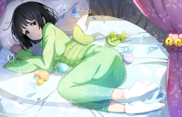 Anime picture 1200x774 with one-punch man madhouse fubuki (one-punch man) mitu yang single looking at viewer blush short hair breasts black hair green eyes lying traditional clothes japanese clothes serious canopy bed girl socks kimono pillow