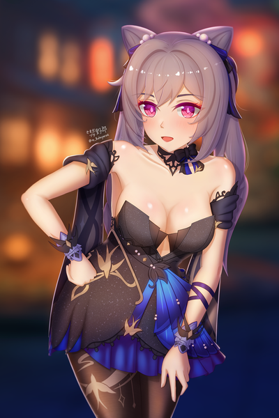 Anime picture 1366x2048 with genshin impact keqing (genshin impact) keqing (opulent splendor) (genshin impact) rebutayarou single long hair tall image looking at viewer fringe breasts open mouth light erotic smile large breasts standing twintails bare shoulders signed payot purple hair