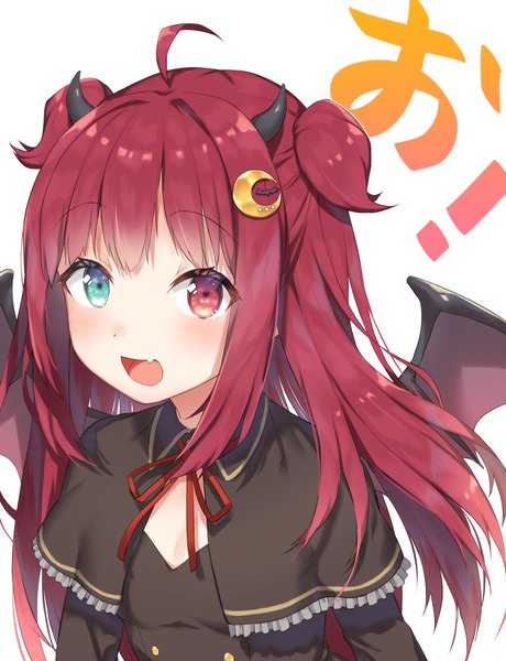 Anime picture 1186x1546 with virtual youtuber nijisanji yuzuki roa otou mamayo single long hair tall image blush open mouth simple background white background upper body ahoge red hair :d horn (horns) inscription loli two side up heterochromia