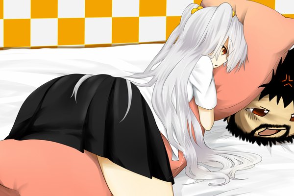 Anime picture 1950x1300 with original ninnzinn long hair highres white hair orange eyes hug girl skirt miniskirt shirt pillow dakimakura (object)