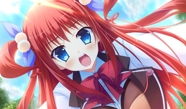 Anime picture 1024x600 with prestar long hair blush open mouth blue eyes wide image twintails game cg red hair short twintails girl uniform bow hair bow school uniform bowtie