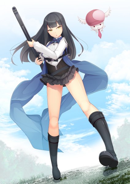 Anime-Bild 900x1272 mit summon night daiaru single long hair tall image looking at viewer open mouth black hair yellow eyes cloud (clouds) girl skirt weapon miniskirt boots gun shawl