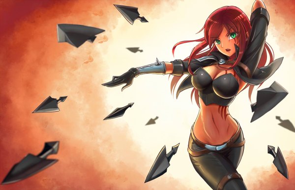 Anime picture 1500x970 with league of legends katarina (league of legends) chen qi (chanseven) single long hair looking at viewer breasts green eyes red hair bare belly midriff scar girl gloves bracelet spiked bracelet