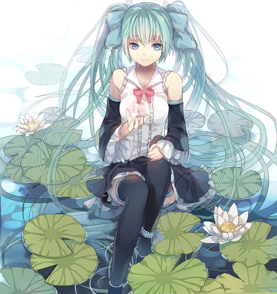 Anime picture 1416x1500 with vocaloid hatsune miku fre single long hair tall image blush smile sitting twintails bare shoulders aqua eyes aqua hair partially submerged girl thighhighs skirt hair ornament flower (flowers) bow