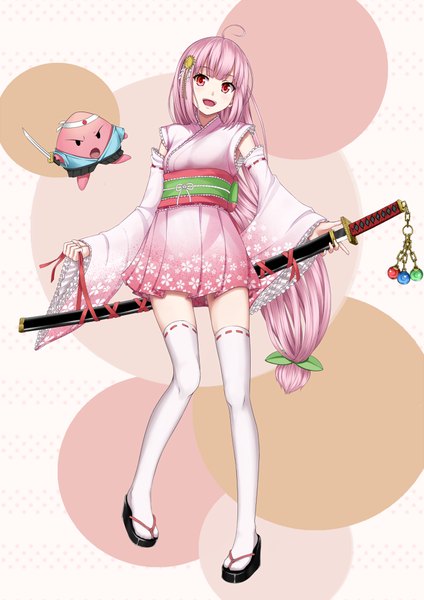 Anime picture 707x1000 with original heisei yutorin single long hair tall image looking at viewer open mouth red eyes pink hair traditional clothes japanese clothes girl thighhighs weapon detached sleeves white thighhighs sword kimono katana trinket