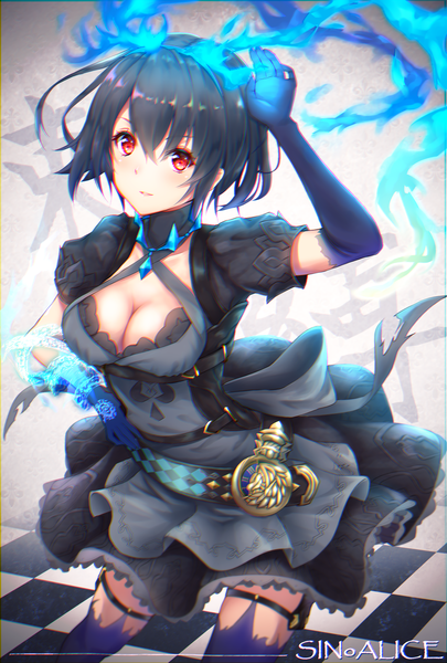Anime picture 1620x2400 with sinoalice alice (sinoalice) toki (toki ship8) single tall image looking at viewer fringe short hair breasts light erotic black hair hair between eyes red eyes cleavage short sleeves puffy sleeves copyright name glowing anaglyph girl