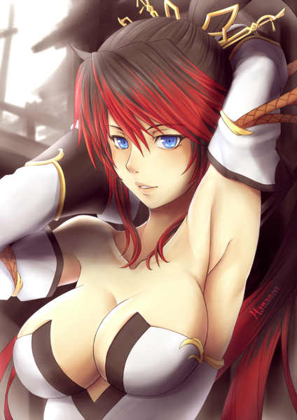 Anime picture 744x1052 with super robot wars nanbu kaguya hananon single long hair tall image fringe breasts blue eyes light erotic black hair large breasts ponytail red hair multicolored hair two-tone hair armpit (armpits) arms behind head girl