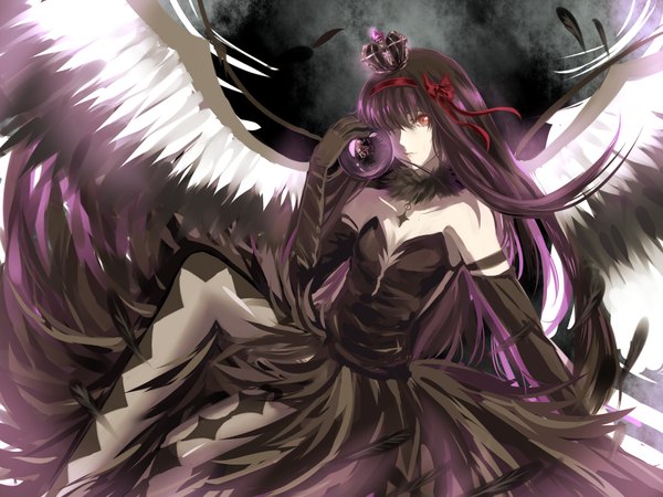 Anime picture 2000x1500 with mahou shoujo madoka magica shaft (studio) akemi homura akuma homura single long hair looking at viewer highres red eyes purple hair dark background girl dress gloves bow wings elbow gloves hairband feather (feathers) crown