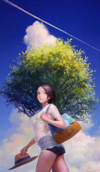 Anime picture 1122x1920 with original arata yokoyama single tall image looking at viewer short hair blue eyes light erotic brown hair holding sky cloud (clouds) outdoors lips walking hat removed headwear removed swimsuit under clothes sunglasses removed condensation trail