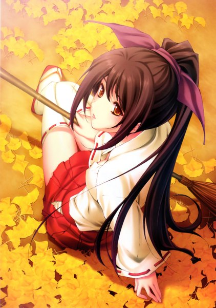 Anime picture 4250x6043 with original sugina miki long hair tall image highres brown hair absurdres ponytail looking back orange eyes miko girl thighhighs white thighhighs leaf (leaves)