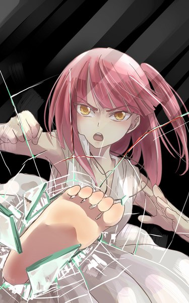 Anime picture 600x960 with magi the labyrinth of magic a-1 pictures morgiana shammy1000 tall image looking at viewer blush fringe open mouth simple background yellow eyes pink hair barefoot teeth armpit (armpits) one side up black background against glass broken glass crack