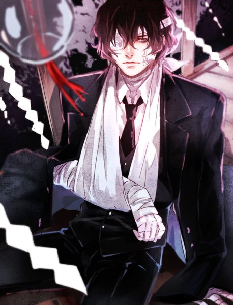 Anime picture 763x1000 with bungou stray dogs studio bones dazai osamu (bungou stray dogs) saito yukihiro single tall image looking at viewer fringe short hair hair between eyes brown hair sitting brown eyes arm support injury formal boy shirt necktie white shirt