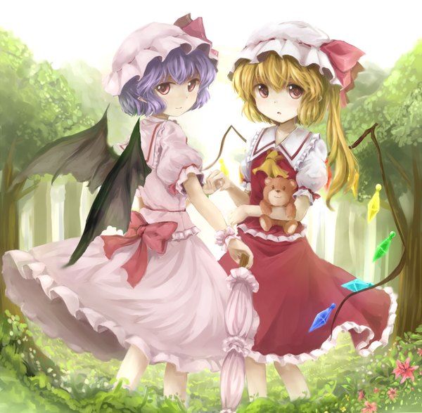 Anime picture 1500x1472 with touhou flandre scarlet remilia scarlet af-henrytz short hair blonde hair red eyes multiple girls purple hair closed umbrella girl dress skirt bow 2 girls plant (plants) wings tree (trees) umbrella toy