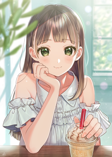 Anime picture 1339x1879 with original oli single long hair tall image looking at viewer blush fringe smile brown hair bare shoulders green eyes signed upper body indoors blunt bangs blurry chin rest girl detached sleeves