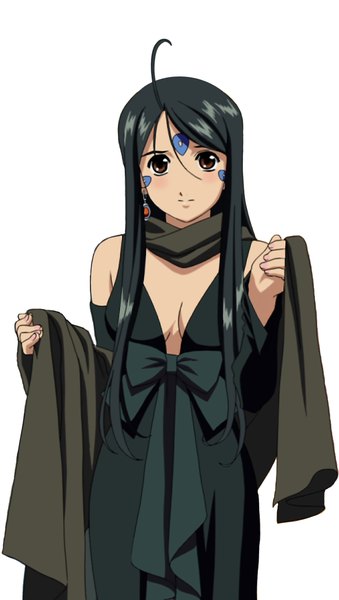 Anime picture 679x1200 with aa megami-sama anime international company skuld single long hair tall image looking at viewer blush fringe breasts black hair simple background hair between eyes large breasts standing white background bare shoulders brown eyes cleavage embarrassed
