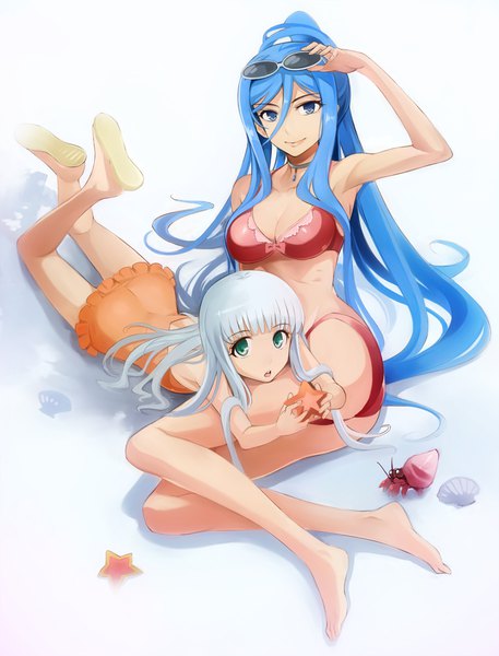 Anime picture 762x1000 with aoki hagane no arpeggio takao (aoki hagane no arpeggio) iona miyo (13th floor) long hair tall image looking at viewer fringe blue eyes light erotic simple background hair between eyes white background sitting multiple girls blue hair silver hair full body lying blunt bangs