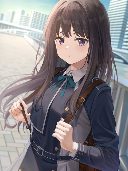 Anime picture 3600x4800 with lycoris recoil inoue takina fujizarashi single long hair tall image fringe highres brown hair purple eyes looking away absurdres upper body outdoors wind city girl uniform bowtie building (buildings)