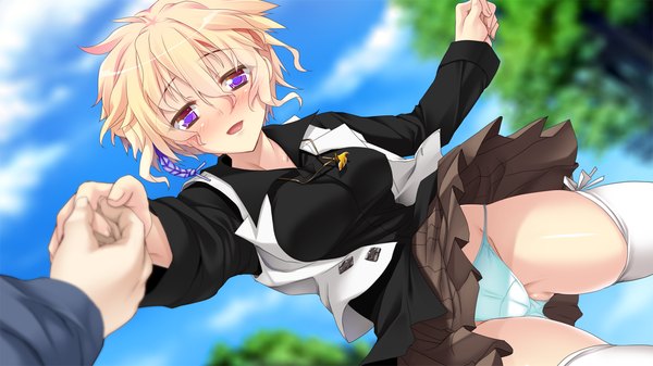 Anime picture 1280x720 with taisetsu na kimi no tame ni, boku ni dekiru ichiban no koto blush short hair light erotic blonde hair wide image purple eyes game cg girl thighhighs underwear panties white thighhighs