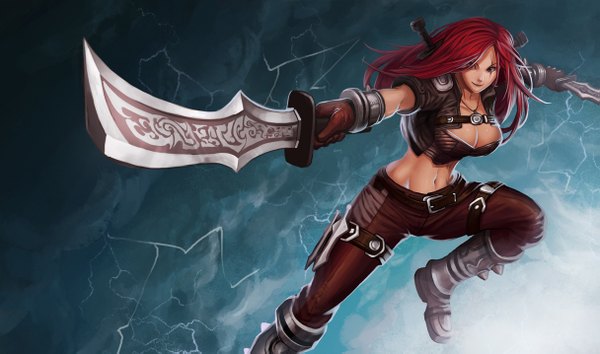 Anime picture 1215x717 with league of legends katarina (league of legends) goomrrat single long hair breasts light erotic wide image large breasts red hair light smile black eyes scar girl gloves navel weapon dagger