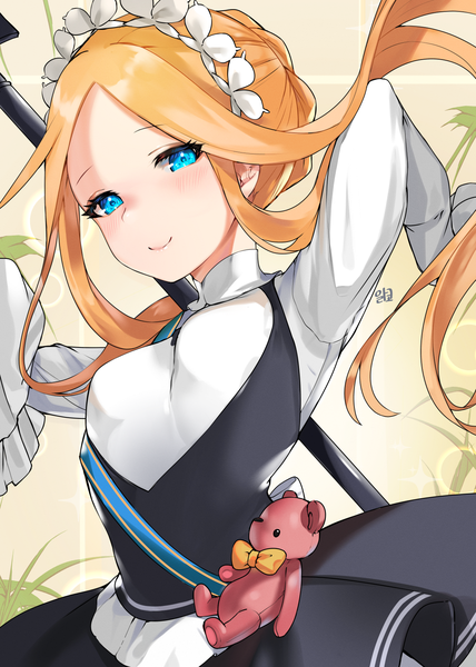 Anime picture 1200x1680 with fate (series) fate/grand order abigail williams (fate) alraco single long hair tall image looking at viewer blush fringe blue eyes simple background blonde hair smile standing signed payot upper body long sleeves floating hair