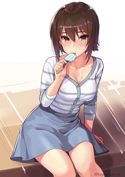 Anime picture 1251x1770 with girls und panzer nishizumi maho kagematsuri single tall image looking at viewer blush fringe short hair breasts hair between eyes brown hair white background sitting brown eyes signed cleavage long sleeves arm support sweat