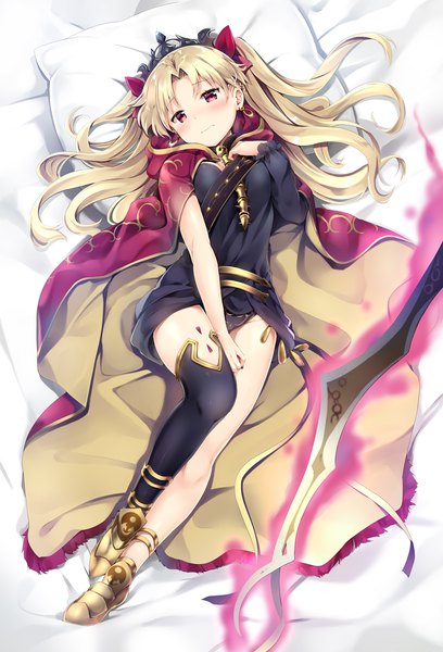Anime picture 800x1177 with fate (series) fate/grand order ereshkigal (fate) natsume eri single long hair tall image looking at viewer blush light erotic blonde hair red eyes full body bent knee (knees) lying on back two side up pantyshot embarrassed hand on chest