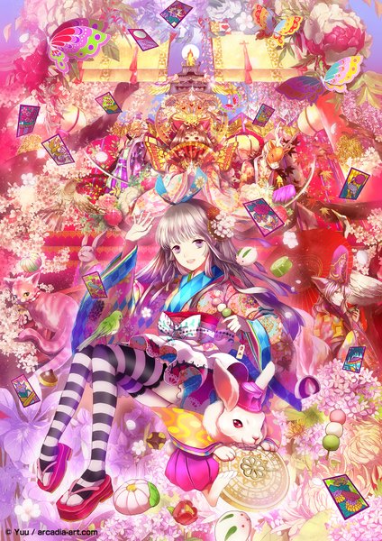 Anime picture 1241x1754 with original yuu (arcadia) long hair tall image open mouth brown hair purple eyes multiple girls silver hair multiple boys girl thighhighs dress boy hair ornament flower (flowers) 2 girls animal petals food