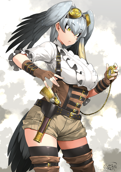 Anime picture 706x1000 with kemono friends shoebill (kemono friends) happa (cloverppd) single long hair tall image fringe breasts hair between eyes standing holding signed yellow eyes multicolored hair grey hair arms up two-tone hair alternate costume dated looking down