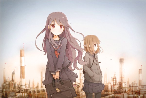 Anime picture 1200x809 with original awakumo long hair looking at viewer blush short hair red eyes brown hair standing purple eyes multiple girls holding sky profile pleated skirt wind hands in pockets dark hair girl skirt
