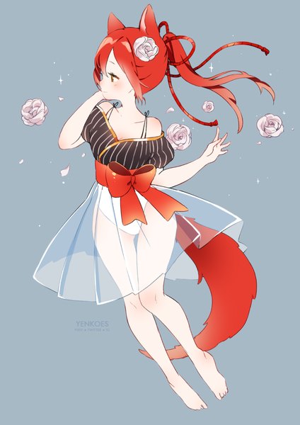 Anime picture 1100x1556 with original yenkoes single long hair tall image light erotic red eyes signed animal ears looking away full body ponytail red hair tail animal tail profile barefoot hair flower sparkle fox ears