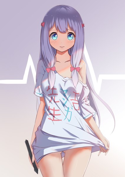 Anime picture 2480x3507 with eromanga sensei a-1 pictures izumi sagiri ttc haohe buguo single long hair tall image looking at viewer blush fringe highres blue eyes light erotic simple background standing white background silver hair light smile shadow