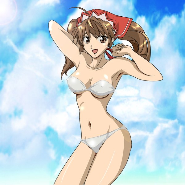 Anime picture 2268x2268 with valkyria chronicles alicia melchiott gentoku single long hair highres light erotic brown hair twintails brown eyes ahoge girl navel swimsuit bikini white bikini