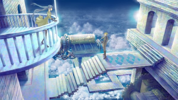Anime picture 1200x675 with vocaloid hatsune miku gumi long hair fringe wide image standing twintails cloud (clouds) wind aqua hair alternate costume girl thighhighs gloves elbow gloves scarf thigh boots sundress stairs