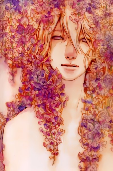 Anime picture 3986x6000 with original midori foo long hair tall image looking at viewer highres open mouth blue eyes blonde hair absurdres light smile boy flower (flowers) wisteria