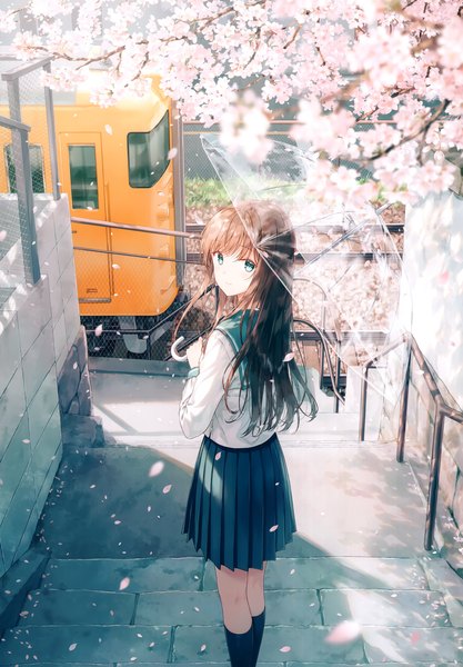 Anime picture 2409x3465 with original hiten (hitenkei) single long hair tall image looking at viewer fringe highres brown hair standing holding outdoors long sleeves pleated skirt looking back aqua eyes from behind blurry scan cherry blossoms