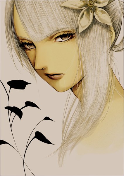 Anime picture 2480x3507 with nier kaine (nier) tayuya1130 single long hair tall image looking at viewer highres open mouth simple background brown eyes white hair hair flower mouth hold face girl hair ornament flower (flowers) plant (plants) leaf (leaves)