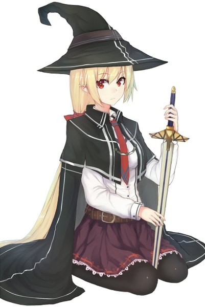 Anime picture 900x1346 with original echj single long hair tall image looking at viewer simple background blonde hair red eyes white background sitting ponytail pointy ears girl skirt weapon hat miniskirt shirt pantyhose