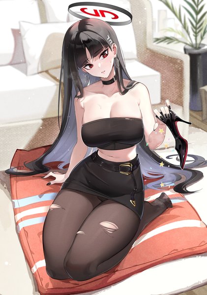 Anime picture 5039x7181 with blue archive rio (blue archive) fangdatou er buxihuanhuadatou single tall image fringe highres breasts light erotic black hair red eyes large breasts sitting holding looking away absurdres cleavage full body indoors blunt bangs