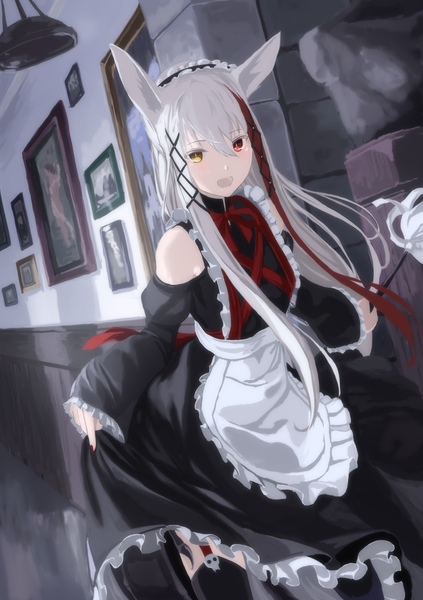 Anime picture 728x1032 with original mikisai single long hair tall image looking at viewer fringe open mouth hair between eyes red eyes standing bare shoulders holding yellow eyes payot white hair indoors long sleeves nail polish multicolored hair